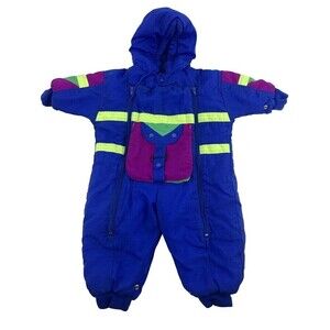 BOGO Alpine Way Vintage Baby Snowsuit Full Zip Hooded Blue Purple Neon Nylon 12M